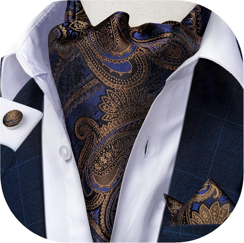 DiBanGu 3PCS Ascot Ties for Men Wedding Jacquard Woven Silk Ascot Cravat for Men Cravat Tie and Pocket Square Set - Image 2